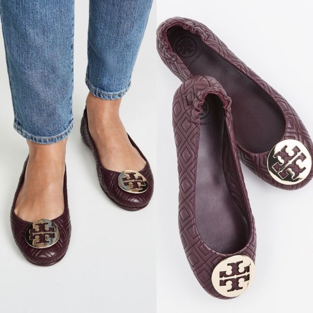 TORY BURCH Quilted MINNIE Ballet Flats Port Purple 8 EUC